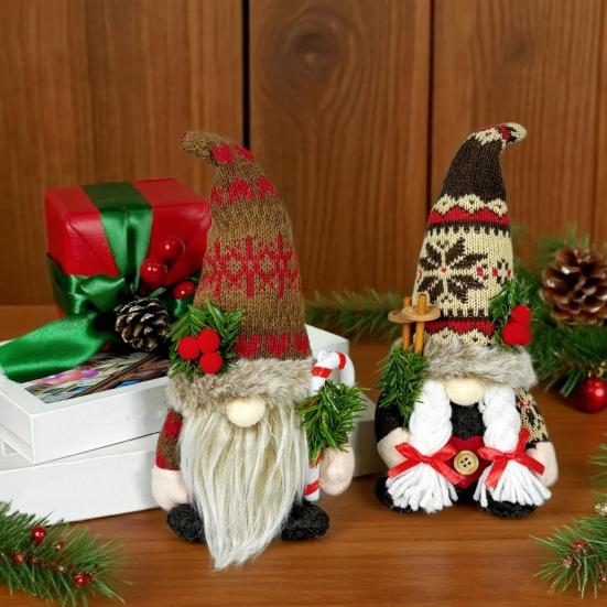 Christmas Plush Gnome Decoration Handmade Elf Dwarf Figurine with Knitted Hat Pine Branches Winter Stuffed Swedish Tomte Doll