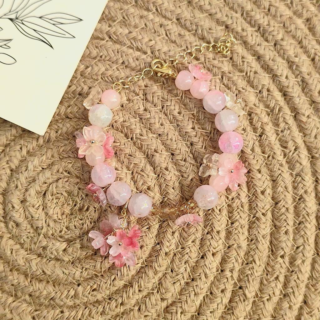 Pink Plum Cherry Blossom Crystal Butterfly Flower Berry Bracelet Women Sweet Jewelry Gifts