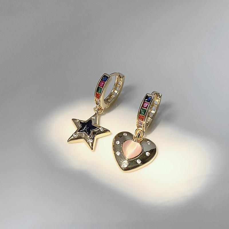 Exquisite Romantic Colorful Stone Heart Shaped Stars Asymmetric Earrings Fashionable Elegant Personality Women