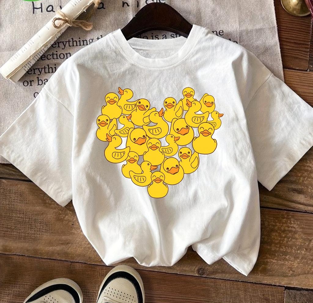 Women's Casual Short Sleeve Crew Neck T-Shirt Cute Yellow Duck Heart Print Breathable Summer Casual Comfortable Woman Clothing