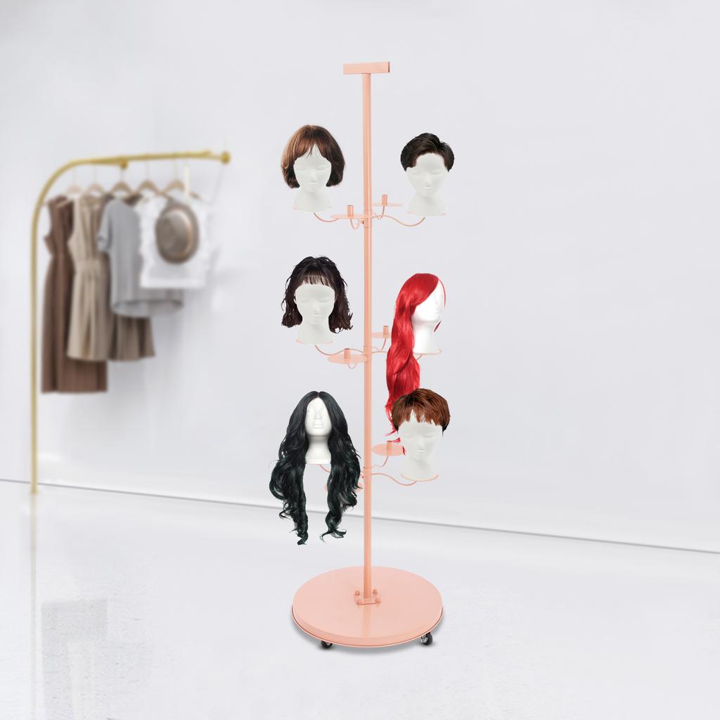 12-Head Iron Wig Holder,Pink/Black Cross Base/Round Base Freestanding Wig Display& Storage Rack 50*50*178cm for Hair Salons