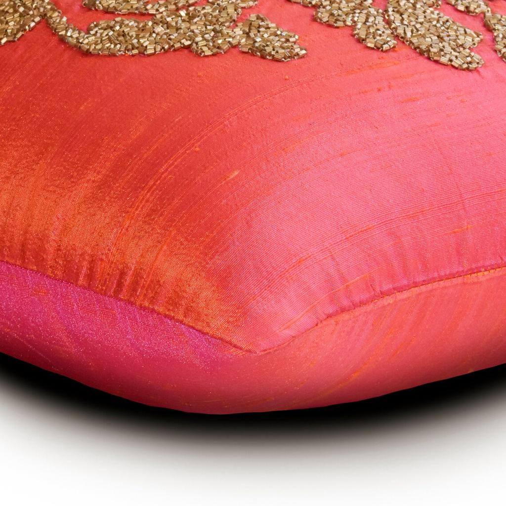 The HomeCentric Custom Decorative Pink & Gold Throw Pillow Covers Silk Damask Beaded & Embroidered Throw Pillows For Sofa Abstract - Damask Silk Pink