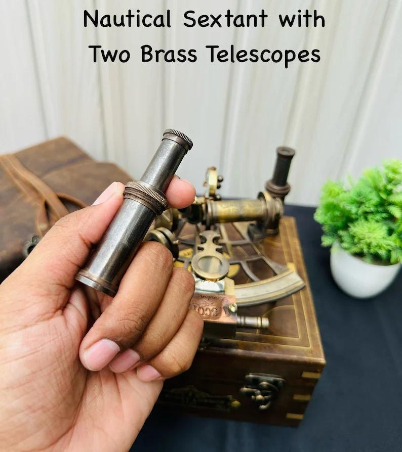 Nautical Brass Working Sextant With Two Telescope, Antique Maritime Navigational Instrument With wooden box, Navigational Sextant,