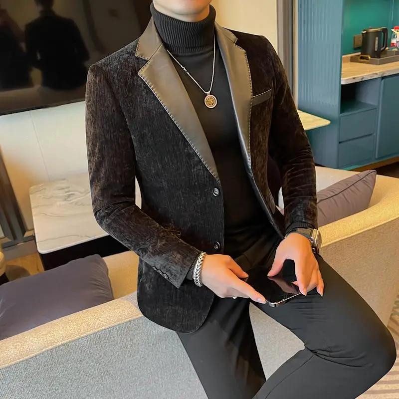 

Высококачественный кожаный пиджак мужской модный осенне-зимний тонкий повседневный пиджак мужской XL чёрный