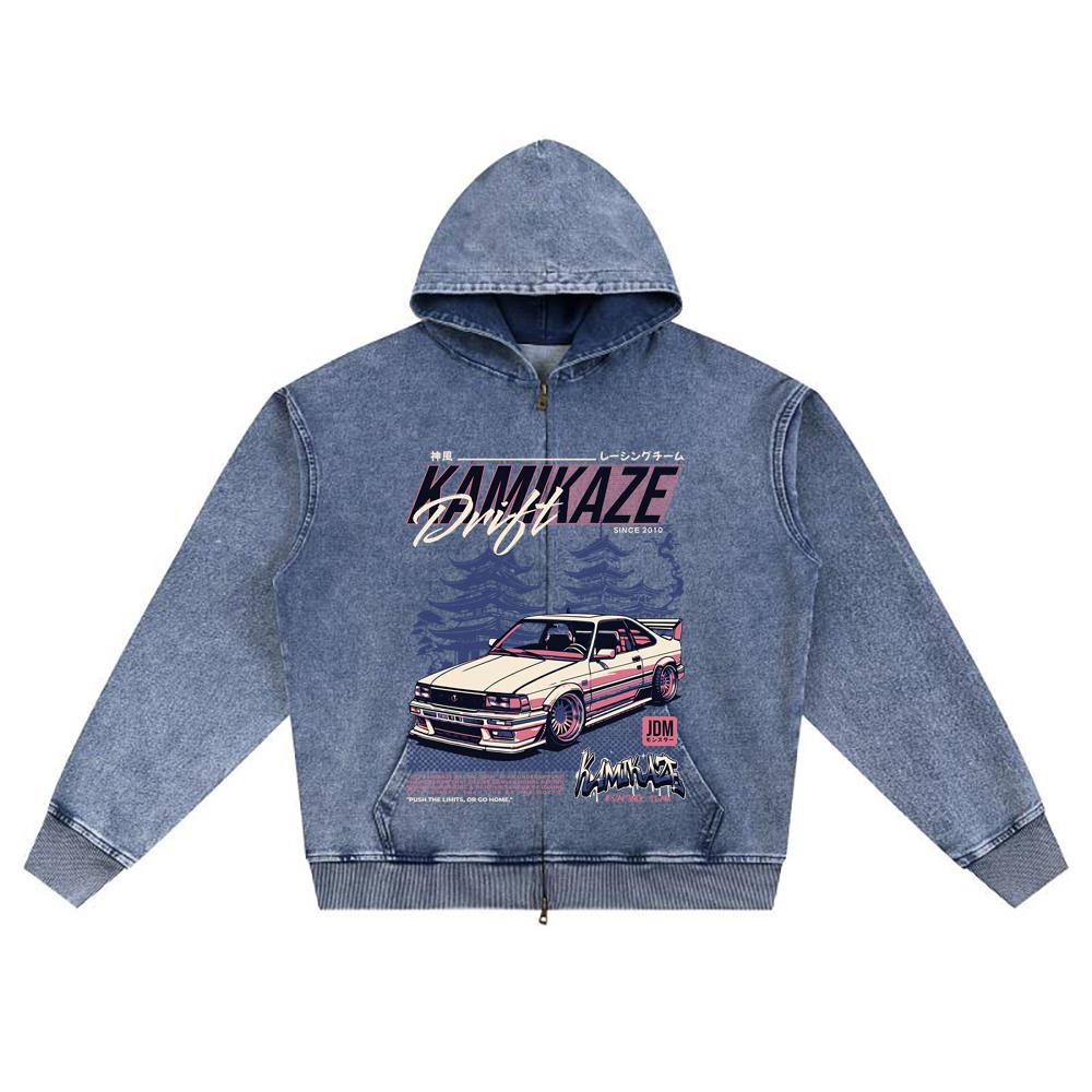 DTG-Druck Strick-Denim Zip-Up Hoodie Kamikaze Racing Team Bruder-Druck Reißverschluss-Hoodies