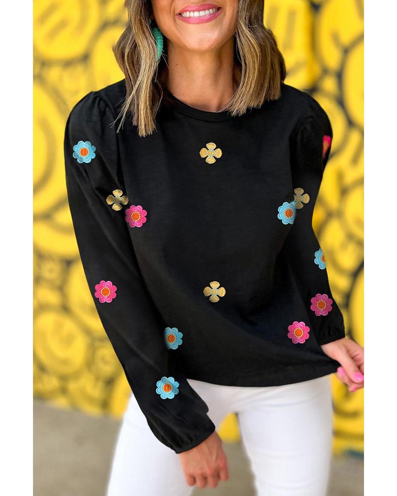 Azura Exchange Black Floral Embroidered Puff Sleeve Top