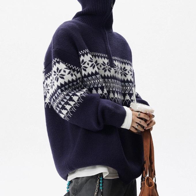 Pull Pullover Mi-Zip Unisexe Motif Flocon de Neige avec Col Montant en Laine d'Agneau