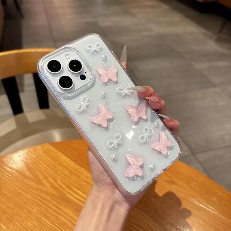 Bow Tie Butterfly Pearl Glitter Mobile Phone Case Is Suitable For Apple 16Promax Transparent Iphone17 Small Fresh And Fashionable