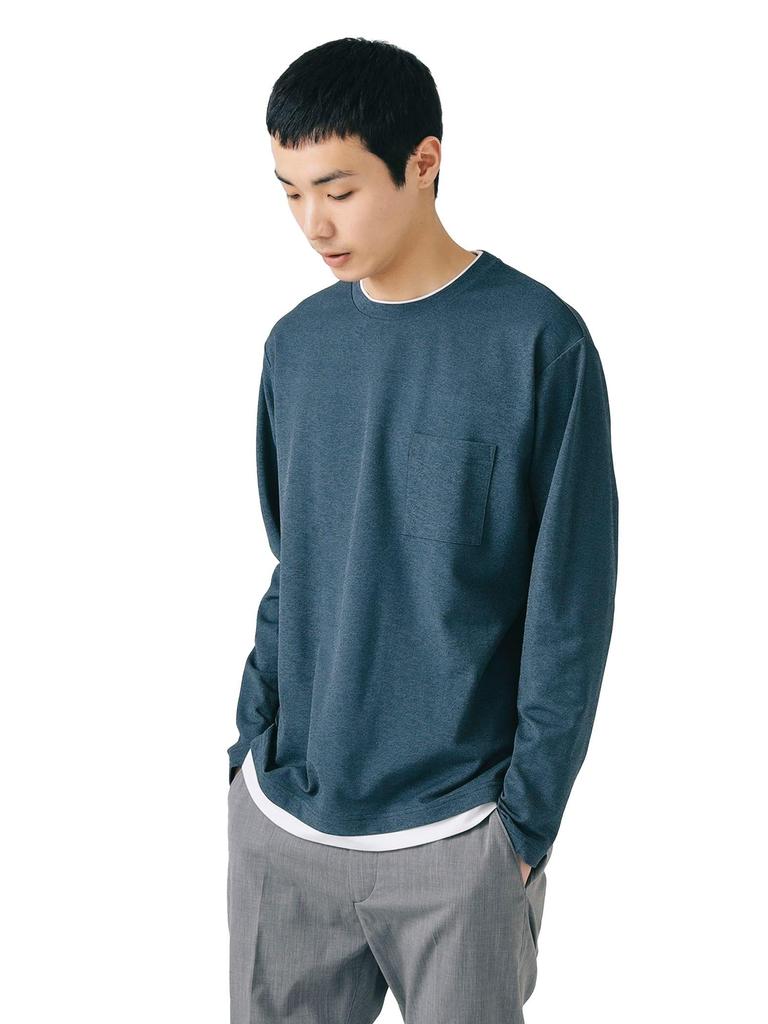 Beams Heart Men's Long Sleeve Tee, Pique Faux Layered Cut and Sew, Navy, Size M