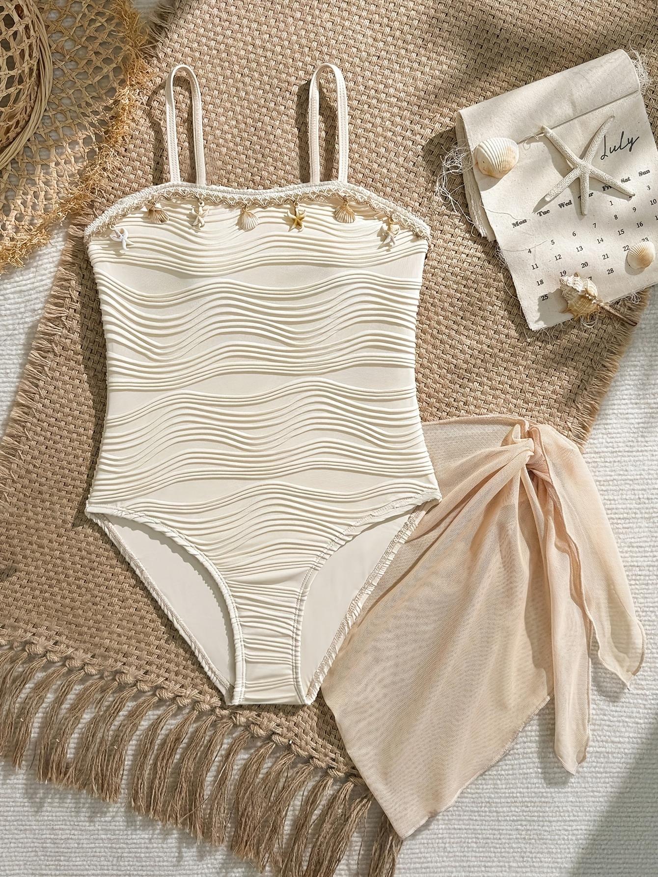 ZH2 Kinderen Meisjes 2-delig Zeeschelp Zeester Decor Golvend Textuur Eendelig Badpak & Doorzichtig Strand Sarong Cover-up Set 13-14Y