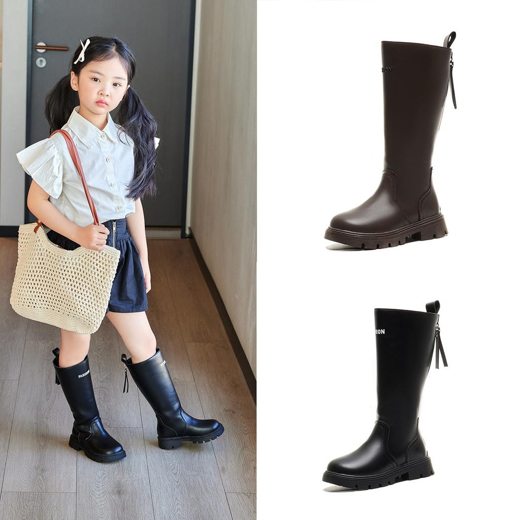 Girls High Boots Knee-high Long Boots Autumn Winter Kids Motorcycle Boots Simple Chic Classic Zipper Rubber Shoes