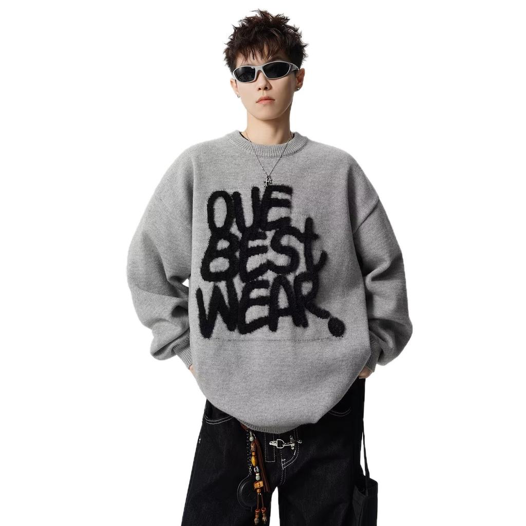 American letter jacquard crew neck sweater men's winter new heavy lazy style knitted sweater high street casual top