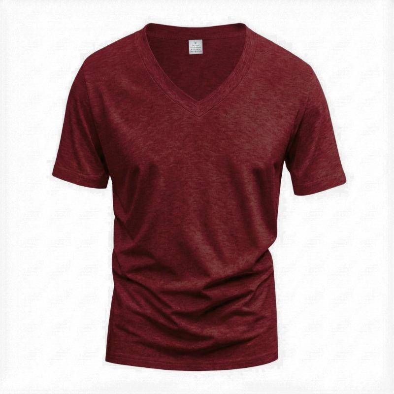 Men V Neck Short Sleeve T Shirt Slim Fit Solid Color Casual Basic Top