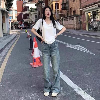 Korean Version of Simple and Loose V-neck Shoulder Solid Color Women's Summer New Thin Casual Versatile Thin T-shirt