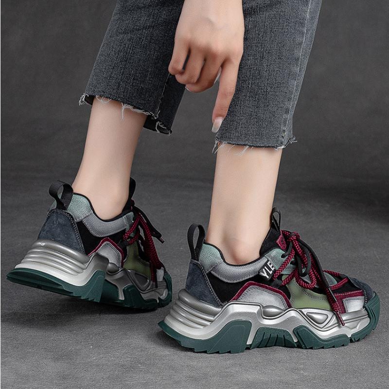 Johnature Casual Flat Shoes Women Sneakers Genuine Leather Mixed Colors Retro Comfortable Thick Sole Platform Sneakers