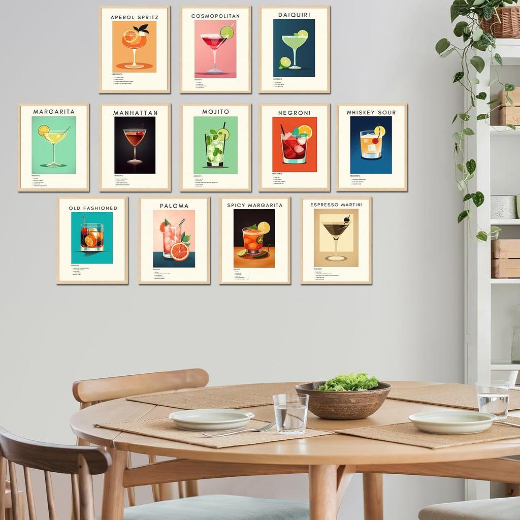 TRAMIN 12pcs Vintage Cocktail Poster, Retro Cocktail Wall Art, Bar Cart Accessories and Decor, Funky Drink Aesthetic Pictures, Colorful Preppy Bar