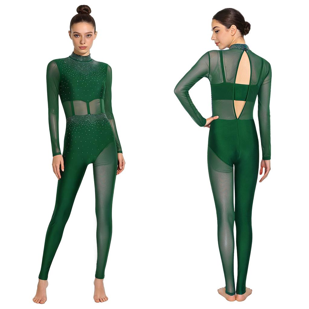 Błyszczący Kombinezon Pełnego Krycia na Scenę S-XXL: Damska odzież sportowa z panelami z przezroczystej siateczki i detalami na plecach