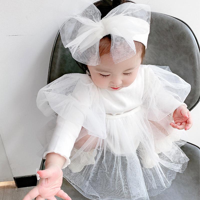 Spring Korean Baby Girl Long Sleeve Romper With Puff Sleeves Princess Dress Onesie For Infants