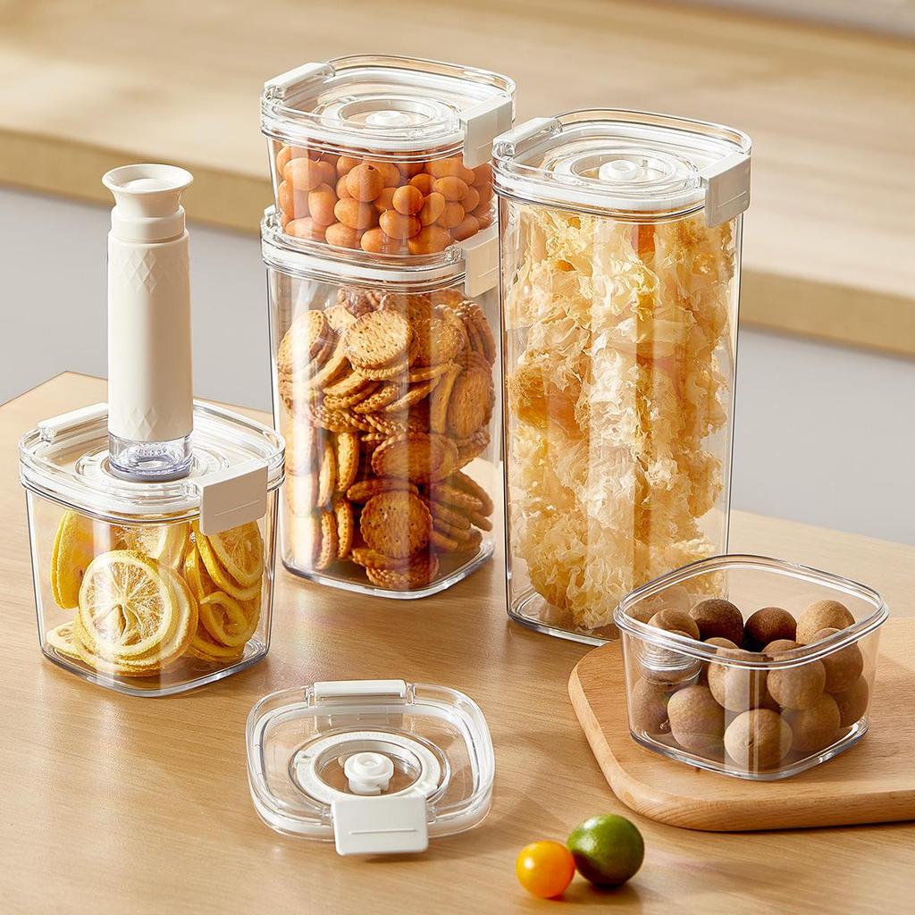 Single-Button Vacuum-Sealed Transparent Storage Jar - Square Plastic Container for Snacks and Grains