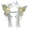 Princess Butterfly Ribbon Pearls Headband for Pageant Prom Headwear Elegant Hairband Girl Headpiece Photo Props