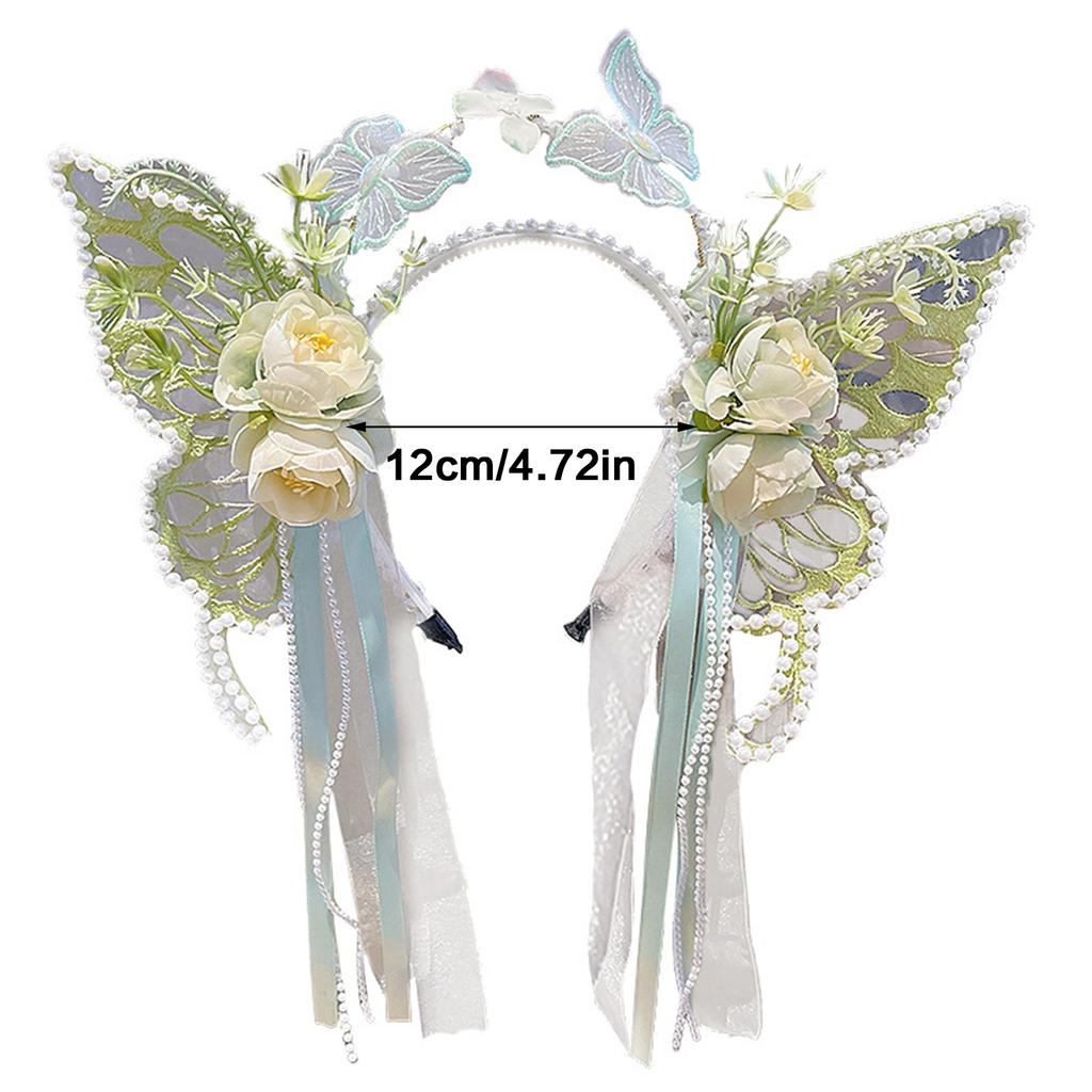 Princess Butterfly Ribbon Pearls Headband for Pageant Prom Headwear Elegant Hairband Girl Headpiece Photo Props