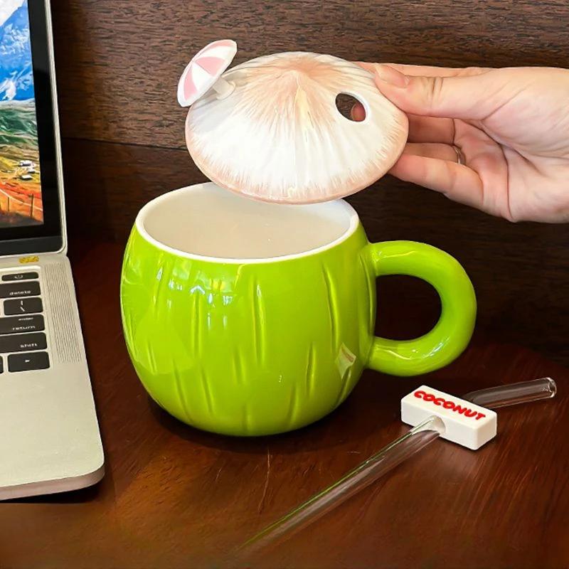 Coconut Mug Creative Summer Girl Heart High Beauty Cute Ceramic Cups Large Capacity with Lid Water Cup Drinkware