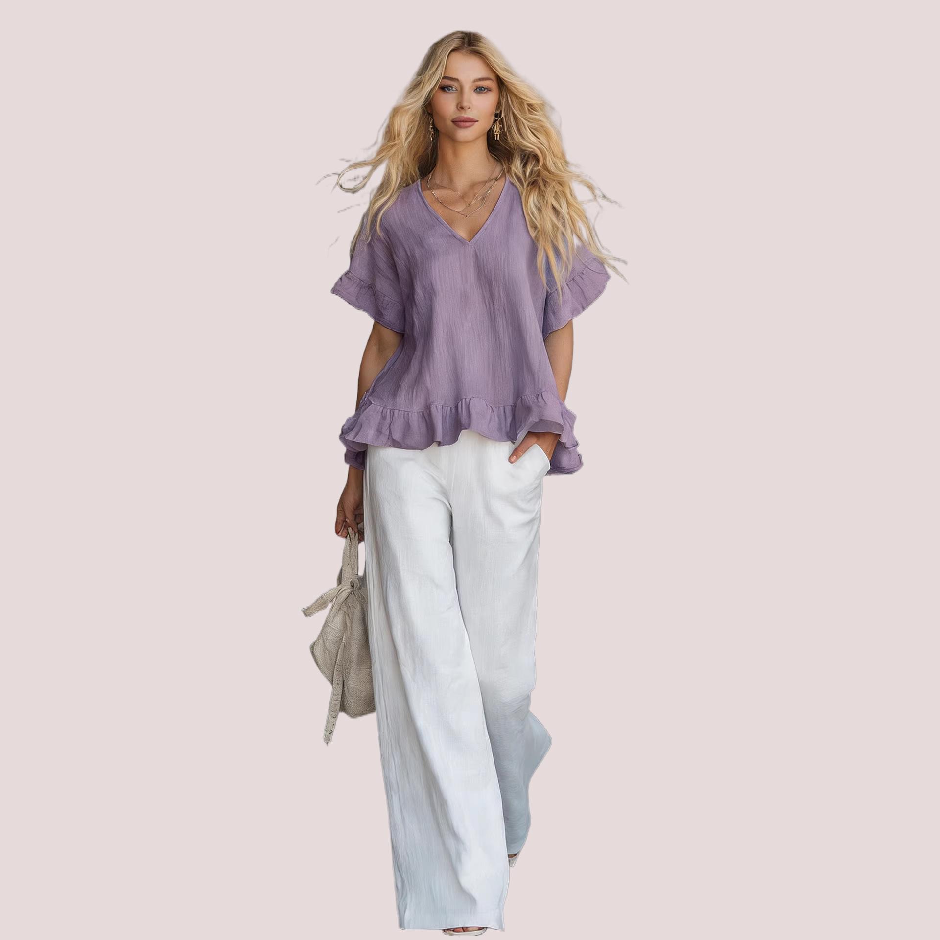 

Women s Light Blue V-Neck Flounce Hem Short Sleeve Blouse 3XL фіолетовий