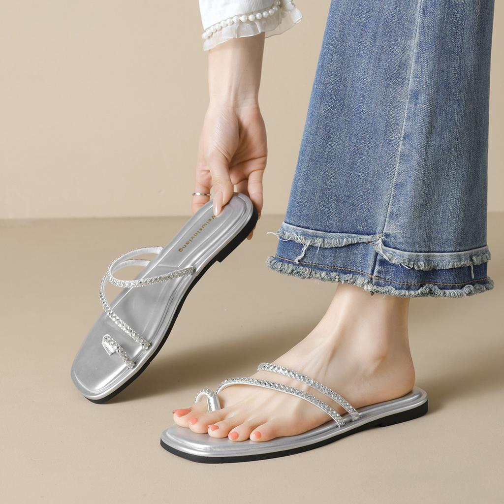 Rhinestone Cover Toe Cool Slippers Women's Summer Wear Open-toed Flat Bottom One-word Sandals
