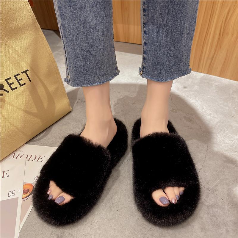 Fashion 2024 Spring and Autumn New Fashion Solid Color Round Head Outerwear Women's Hairy Dew Toe Comfortable Cotton Slippers for Women
