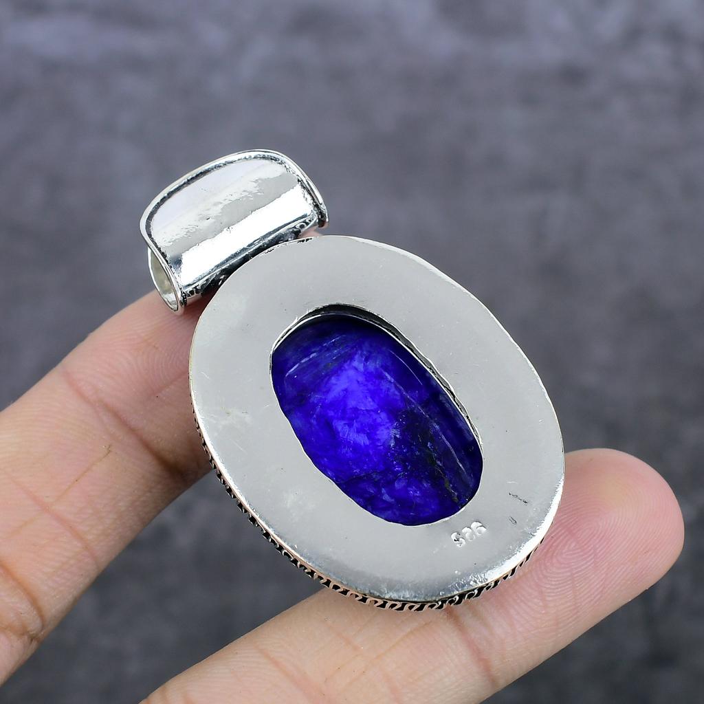 Sapphire(Simulated) 925 Sterling Silver Jewelry Pendant 2.17" Q7m52