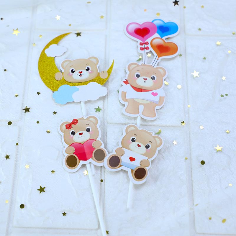 Teddy Bear Moon Cake Topper with Rainbow Cloud and Heart for Birthday Decoration