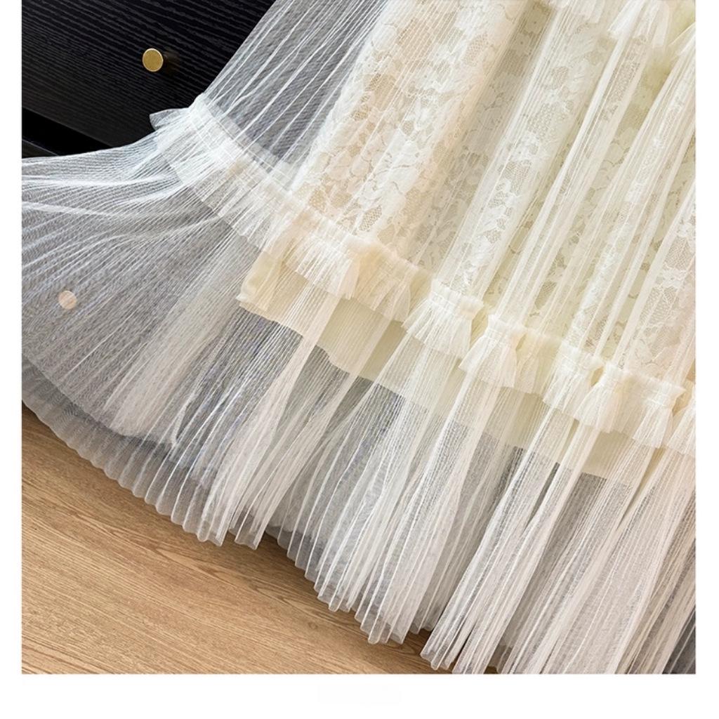 Women's Fairy Embroidered Mesh Midi Skirt - High Waist, Slimming, Fluffy Cake Design for Autumn/Winter