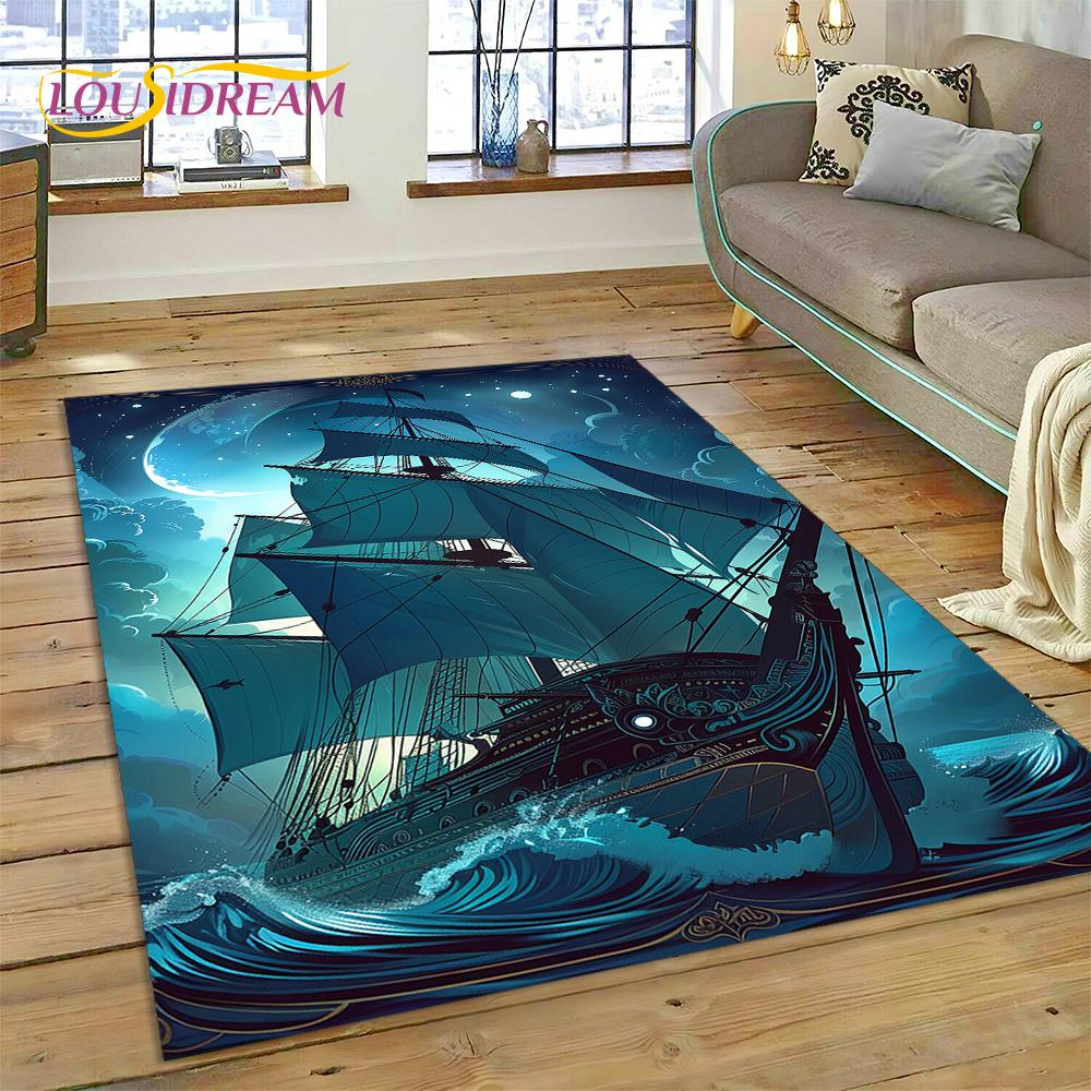 Ancient Pirate Ship Boat,Barque,Sailboa Rug Carpet for Living Room Bedroom Decor,Floor Mat Non-slip Decoration for Sofa Doormat