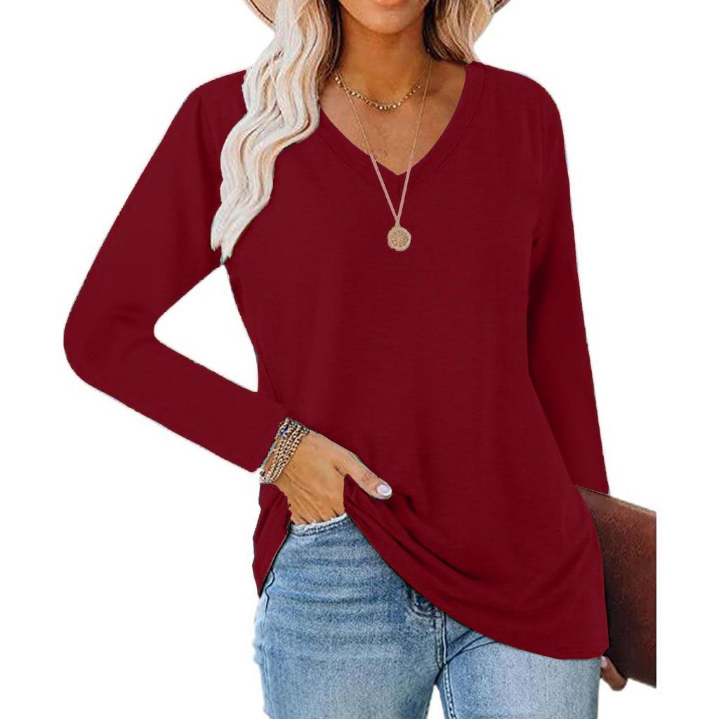 Women's Elegant V-Neck Long Sleeve Casual Loose Top - Solid Color, Spring 2025 Collection