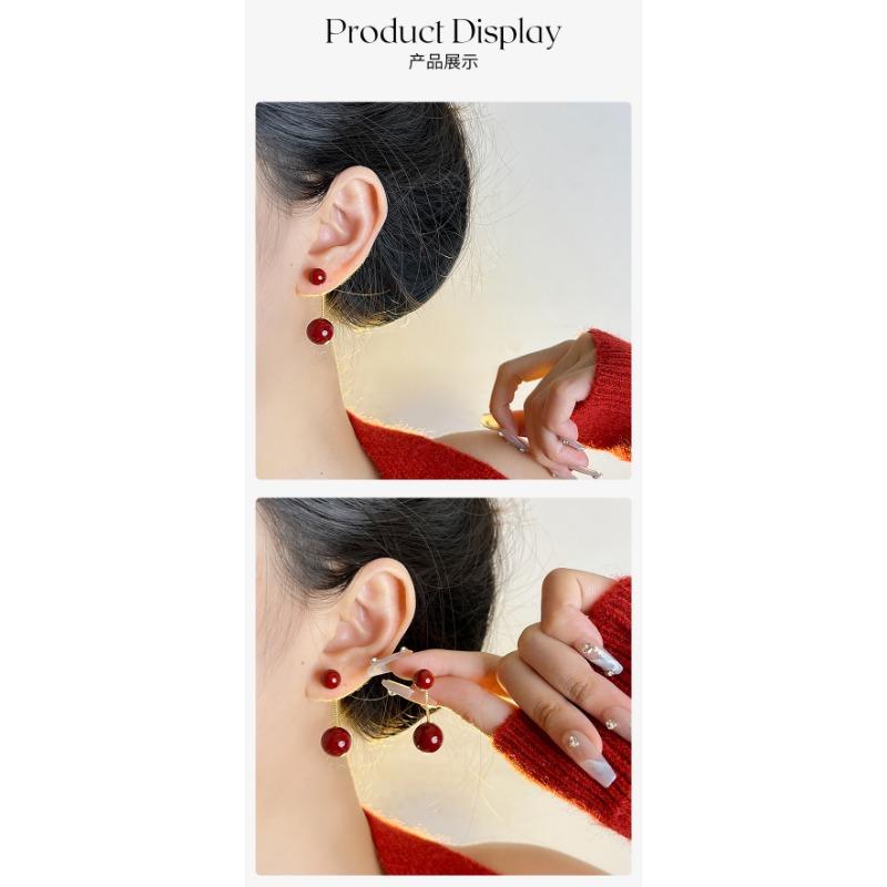 Women Elegant Two Ways Wearing Red Pearl 925 Silver Needle Stud Earrings