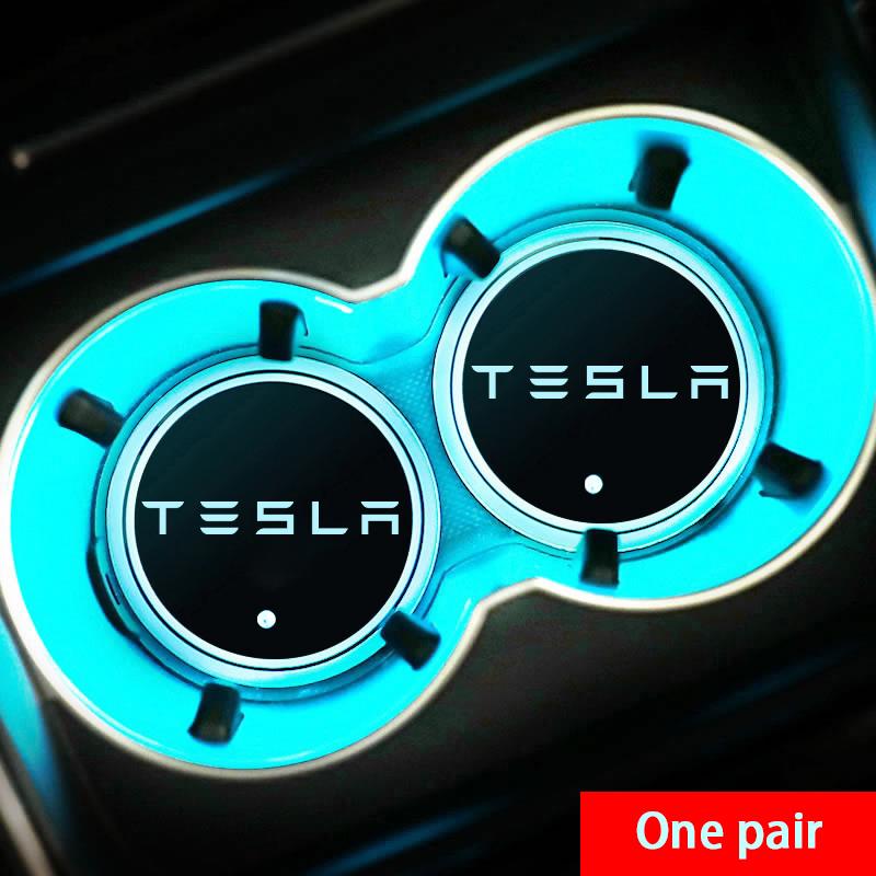 2Pcs 7 Colors Car LED Luminous Water Cup Pads Auto Coaster Mats for Tesla Model Y Model 3 Model S Model X Auto Accessories
