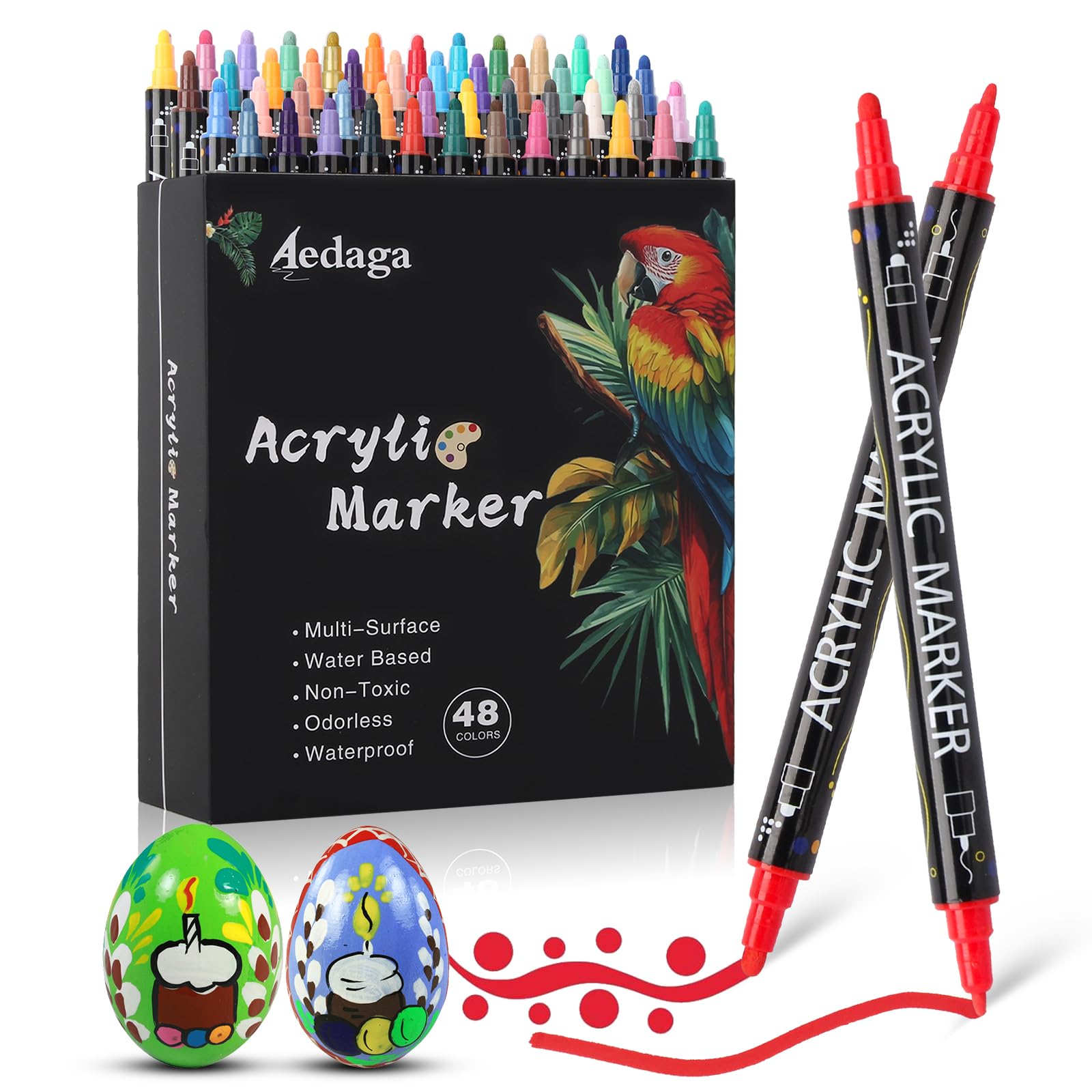 

48 Colors Acrylic Markers with Dot and Fine Perfect for Drawing on Plastic and and Gifts Tips, Water-Based, Non-Toxic, Odorless, Waterproof,