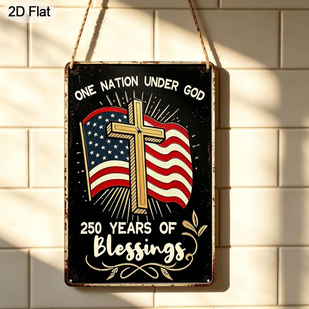 2D Flat 1pc Decorative 8*12 Inch Plaque Aluminium Metal Sign: One Nation Under God 250 Years of Blessings Retro Art with Christian Cross & US Flag