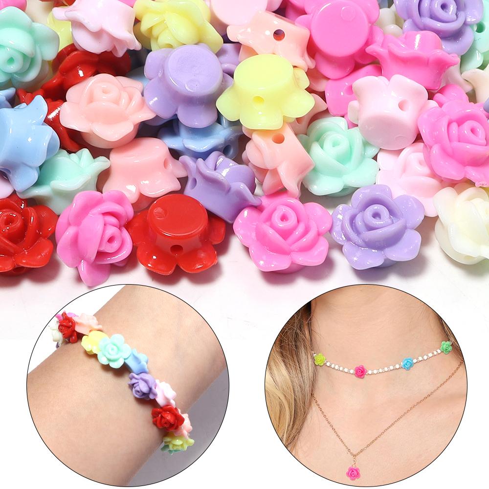 100pcs/lot Colorful Rose Flower Acrylic Beads Flat Back Loose Spacer Beads For Jewelry Making DIY Handmade Bracelet Accessories