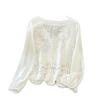 Trendy Winter French Crochet Puff Sleeve Chiffon Lace V-Neck Top for Women