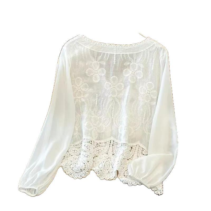 Trendy Winter French Crochet Puff Sleeve Chiffon Lace V-Neck Top for Women