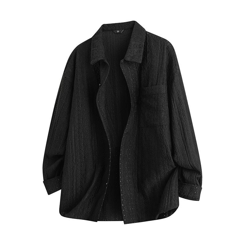

Мужская черная текстурированная кружевная рубашка на пуговицах, оверсайз, с длинным рукавом, повседневная, с нагрудным карманом, винтажная уличная рубашка-куртка (shacket) M чёрный