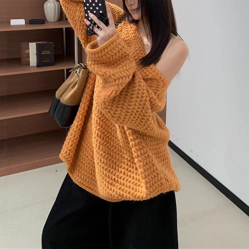 Long Sleeve Coarse Needle Sweater for Women Loose Medium Length Solid Color Knitted Sweater