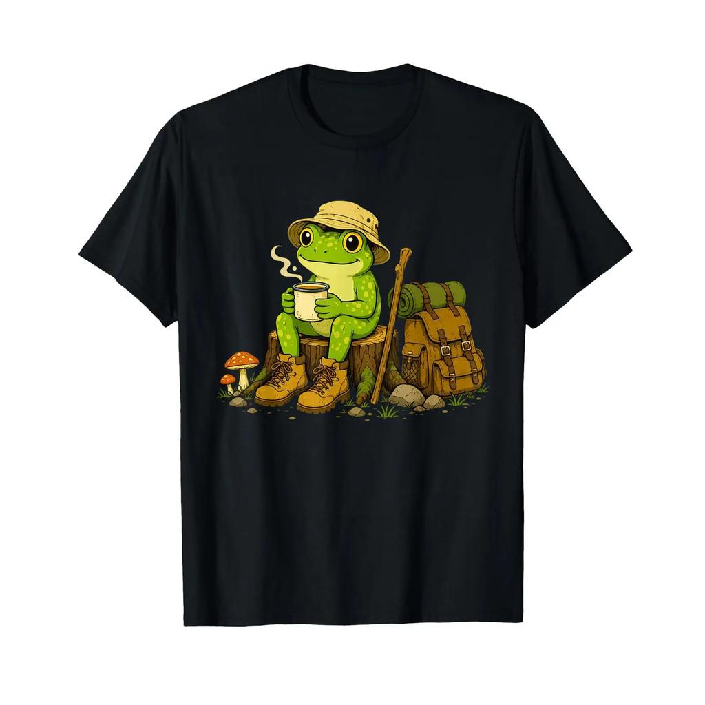 Cute Frog Hiking Cottagecore Outdoor Camping Nature T Shirt Vintage Homme Stylish Casual Slightly Top For Everyday Wear