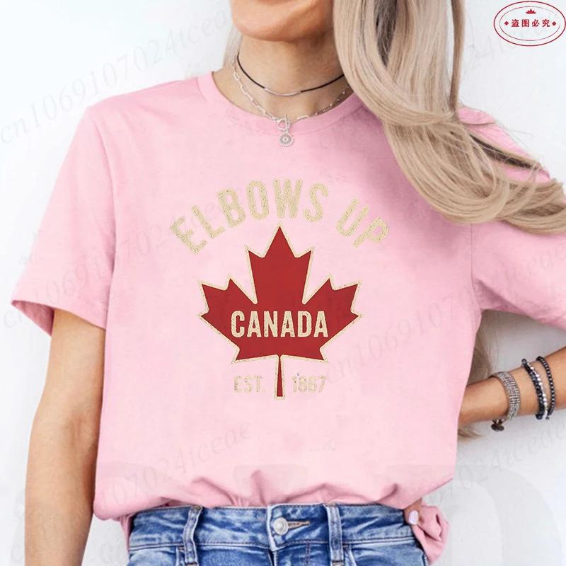 Elbows Up Canada Women T-shirt Summer Casual Funny Retro Maple Leaf Graphic Y2k Tops O Neck Short Sleeve Tees Female Clothing