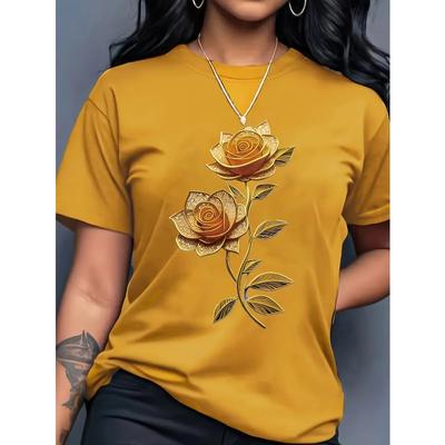 Damski casualowy T-shirt z okrągłym dekoltem z nadrukiem rysunkowym kwiatów i roślin, mikroelastyczny, damski T-shirt z krótkim rękawem plus size
