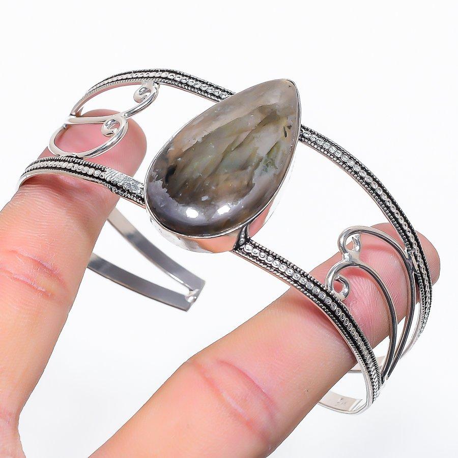 Natural Labradorite Gemstone 925 Sterling Silver Cuff Bangle Adjustable U9s53