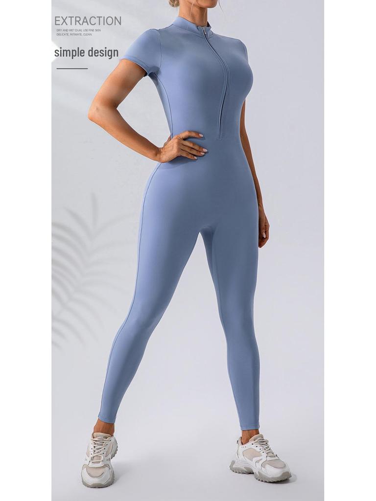 European & American Nude Feel Short Sleeve Yoga Jumpsuit - Women's Fitness Bodysuit with Zipper & Long Pants