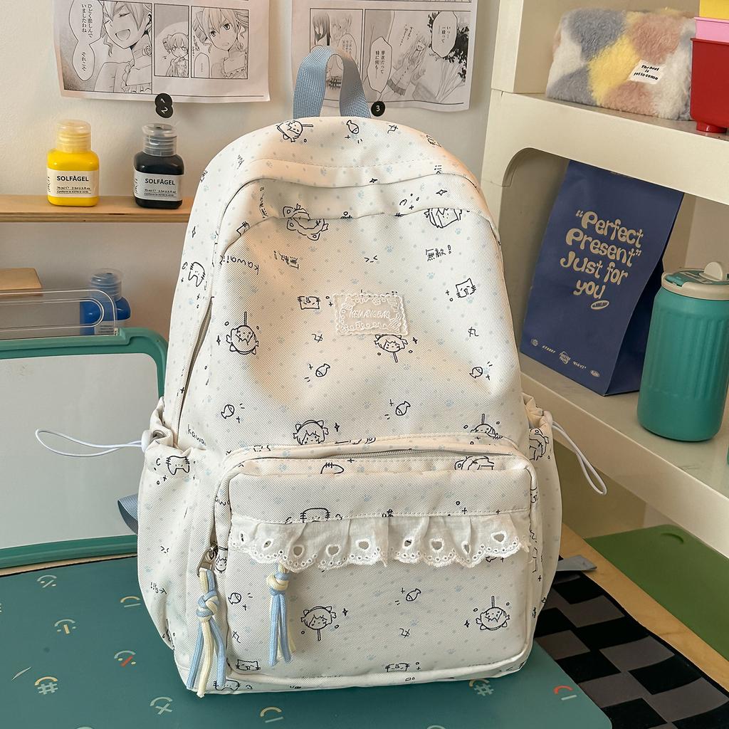 Schoolbag Japanese ins style cute cartoon print ballet style lace sweet soft sister travel leisure backpack