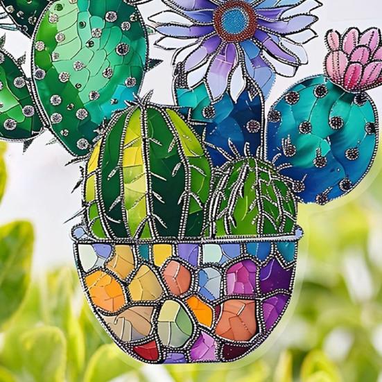 Yousheng Cactus Window Decor, Acrylic with Hemp Rope Lanyard Suncatcher, Lightweight Double Sided Printed Tropical Wall